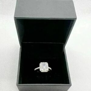 Emerald Cut halo sterling silver cubic zirconia diamond ring